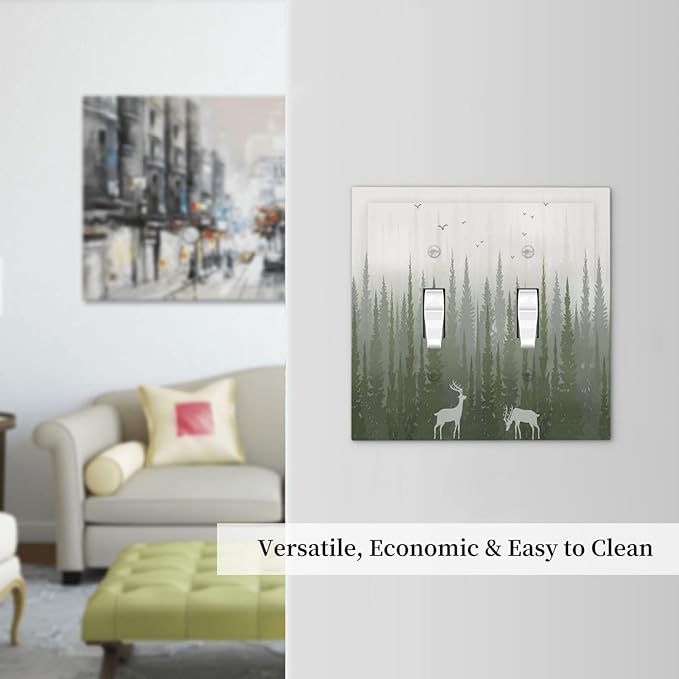 Green Pine Tree Deer Country forest Bird Nature Mist Decorative Switch Plates 2 Gang Double Toggle Wall Plate Electrical Faceplate Outlet Light Switch Cover for Bedroom Home Decor