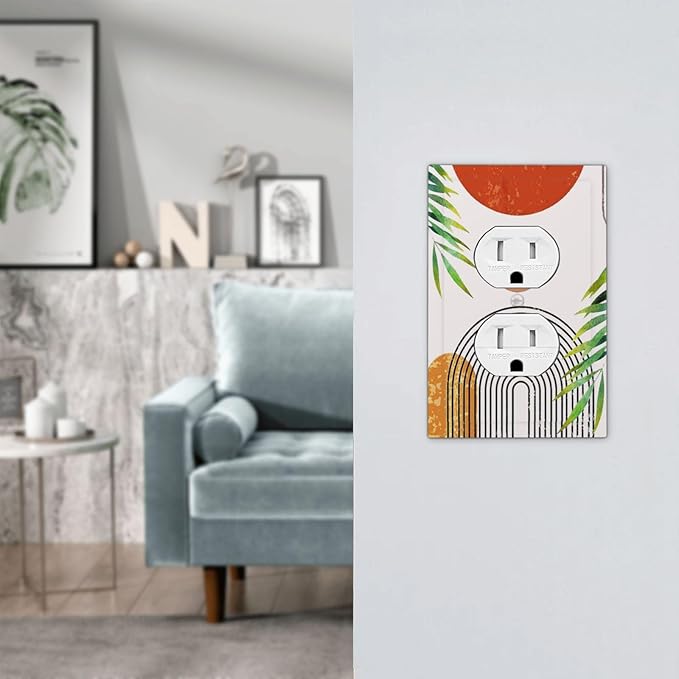 Orange Abstract Boho Modern Mid Century 1 Gang Duplex Wall Plate Receptacle Outlet Covers Bohemian Geometric Sun Arch Leaves Decorative Electrical Dual Device Light Switch Plug Socket Faceplate Cover