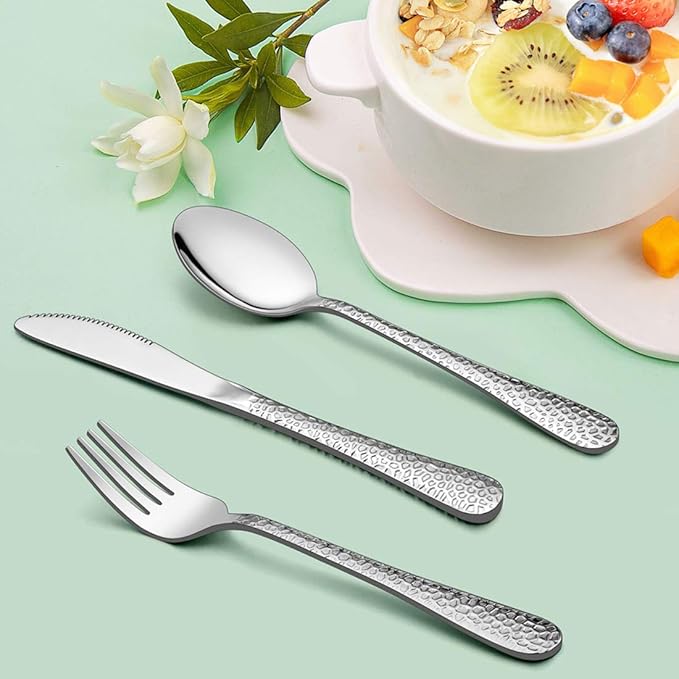 Hammered Kids Utensils Silverware Set, LIANYU 9-Piece Stainless Steel Toddler Child Flatware Cutlery, Cute Baby Feeding Tableware for Boys and Girls, Dishwasher Safe