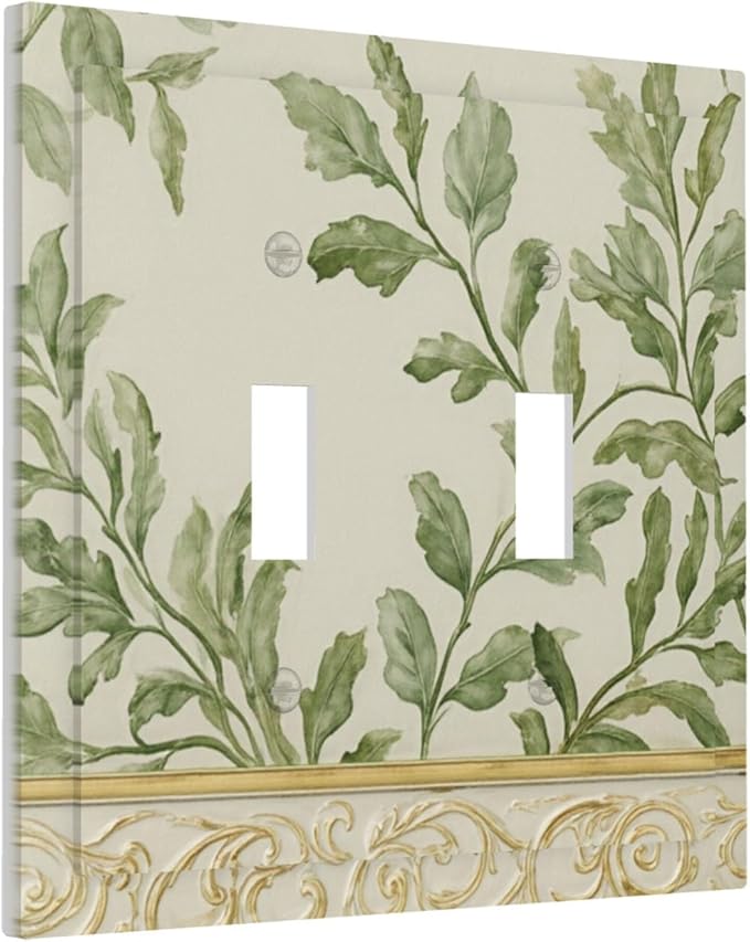 Soft Green Botanical Scroll Double Toggle Switch Cover - 2-Gang Standard US Size Regency Style Leafy Vine Design Light Switch Covers for Bedroom Living Room Decor