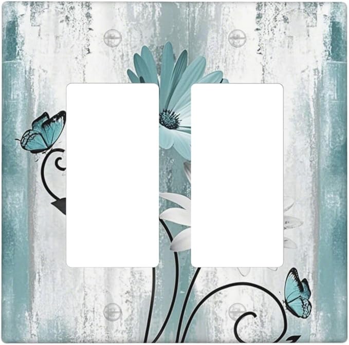 Decorative Outlet Covers Teal Daisy Floral Butterfly Vintage Wood 2 Gang Double Rocker Light Switch Cover Decorative Switch plates Electrical Wallplates GFCI Receptacle for Bathroom Bedroom