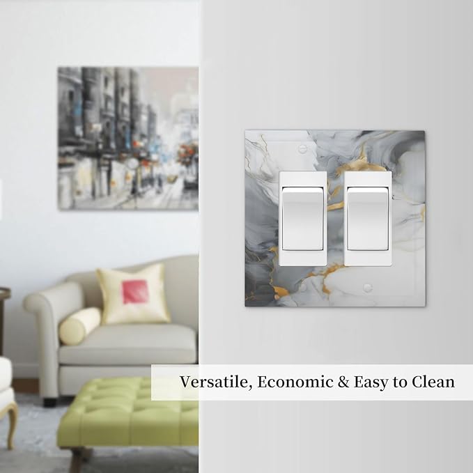Gold Marble Grey Art Abstract Luxury Print Decorative Outlet Covers 2 Gang Double GFCI Rocker Electrical Wall Panels Light Switch Cover Plate for Kitchen Bathroom Decor