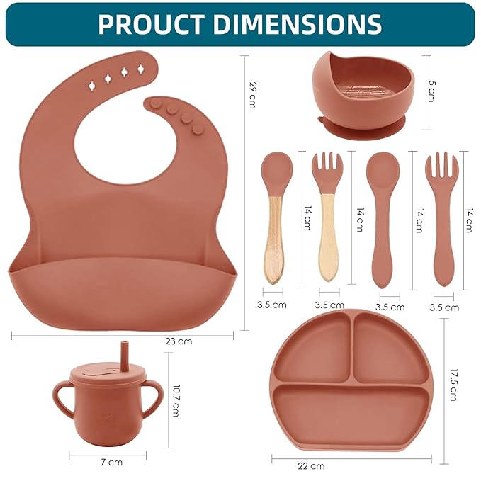 100% Silicone Baby Feeding Set, 9 Pcs: Bib, Divided Plate, Bowl, Sippy Cup, Spoons & Forks (Carrot)