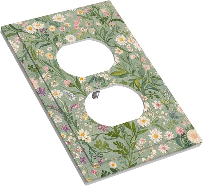 Decorative Outlet Covers with Vintage Wildflowers & Daisies on Light Green Background Design 1 Gang Duplex Light Switch Cover Plate Unique Wall Plates Switchplate Cover
