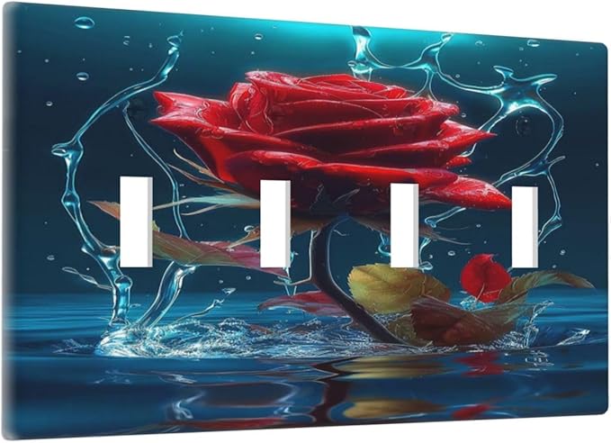 Red Rose Blue Water Drips Quad Toggle Light Switch Cover Decorative 4 Gang Wall Plate Covers Electrical Faceplate Switchplate for Kidroom Bathroom Bedroom Living Room Decor