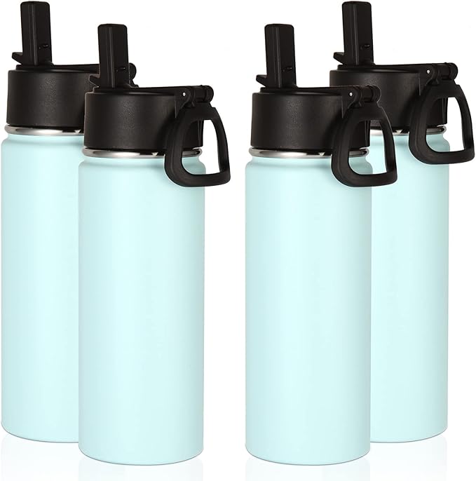Volhoply 18oz Insulated Water Bottle Bulk 4 Pack,Kids Stainless Steel Water Bottles with Straw,Double Wall Vacuum Metal Water Bottle,Wide Mouth Reusable Sport Flask For Cold Drink(Fog,4 Set)