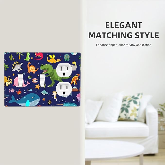 Cute Ocean Dolphin Marine Animal Kids 3-Gang 2-Toggle 1-Duplex Device Combination Wall Plate Funny Blue Dinosaur Decorative Combo Double Toggle/Single Duplex Receptacle Outlet Light Switch Cover Plate