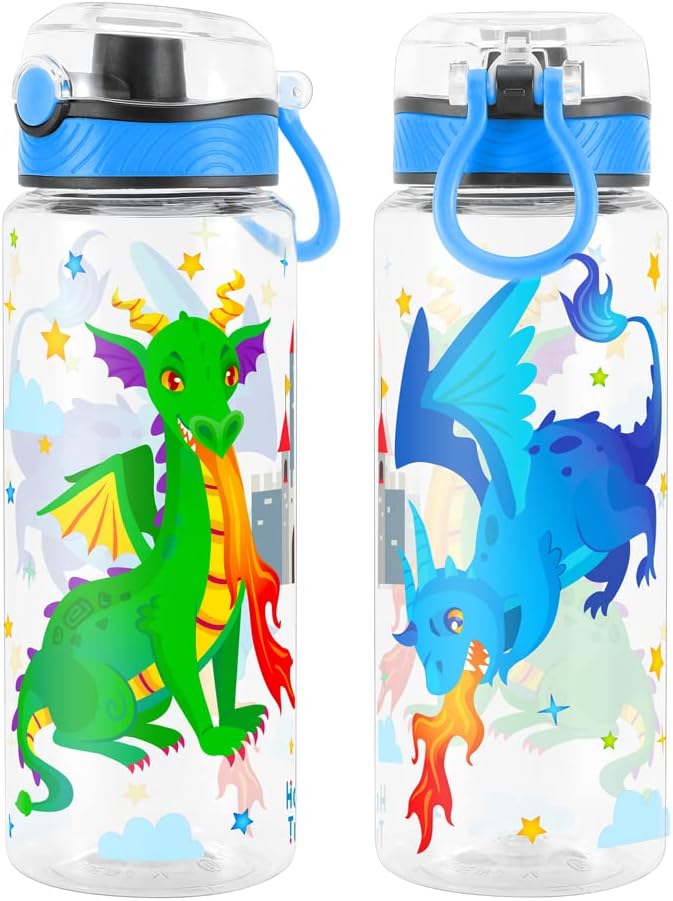 Home Tune Cute Water Bottle for School Kids Girls, BPA FREE Tritan & Leak Proof & Easy Clean & Carry Handle, 23oz/ 680ml (Fire Dragon)
