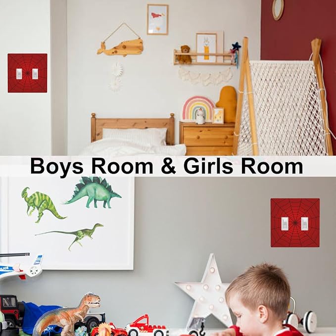 Red Spider Web 2-Gang Double Toggle Switch Plate, Hero Theme Cartoon Wall Plate for Boys Room, Game Room & Man Cave
