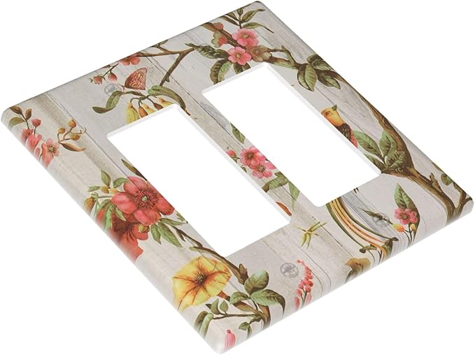 Flowers Bird Tree Retro Spring Floral Branch 2 Gang Double Rocker/Decora Light Switch Cover Decorative Wallplate Oriental Chinese Landscape Drawn Gfci Electrical Faceplate Home Bedroom Art Decor