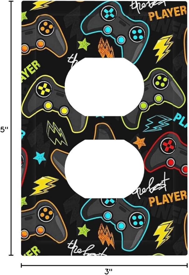 1 Gang Duplex Receptacle Switch Wall Plate Funny Graffiti Video Games Controller Gaming Gamer Teen Kids Boys Gamepad Switchplate Jumbo Size Electrical Outlet Cover Receptacle Plug Cover Faceplate
