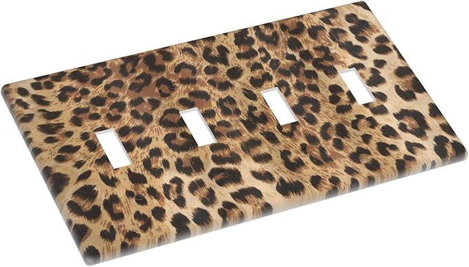 Classic Leopard Cheetah 4 Gang Light Switch Cover Decorative Quad Toggle Wall Plate Decorative Electrical Faceplate For Girls Boys Home Bedroom Decorate Large Size 8" x 4.5