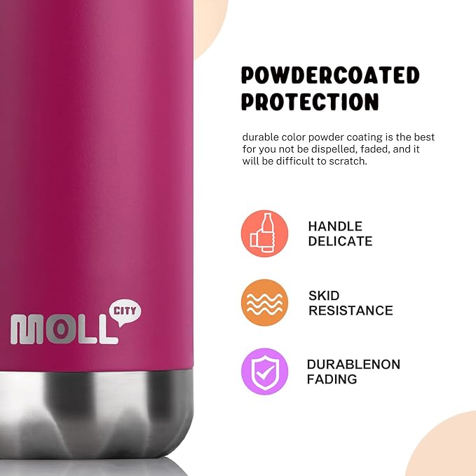 Insulated Water Bottle-17 oz Stainless Steel Double Wall Vacuum Water Bottle for School-Cola Shape Leak Proof Sport Water Bottle with Carry Rope (Fuchsia Red)