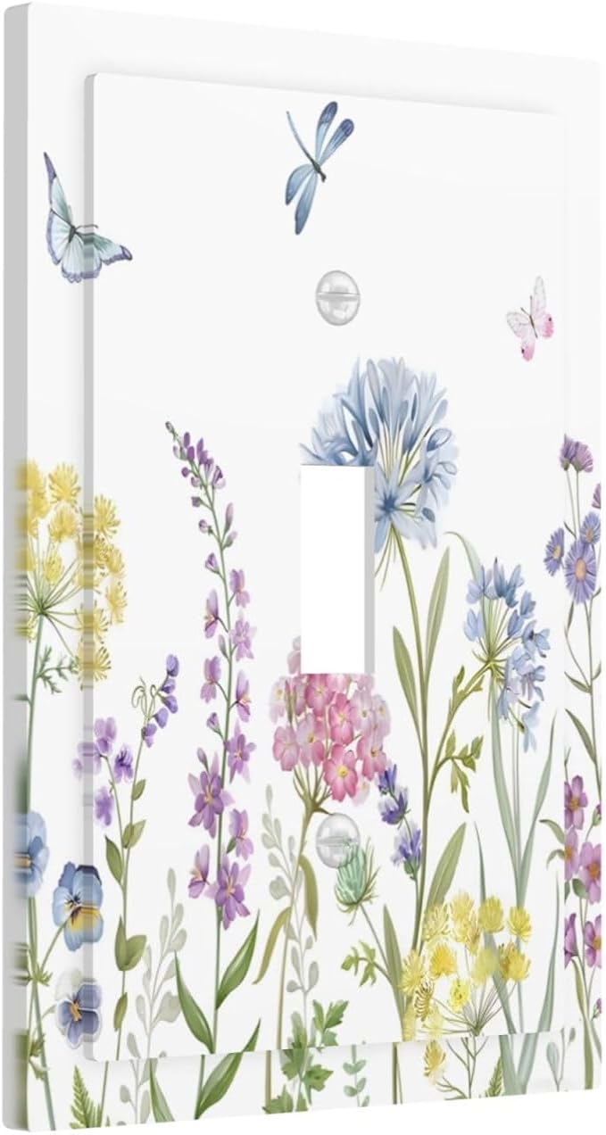 Colorful Wildflowers Dragonfly Lavender Butterfly Insect Decorative Light Switch Cover 1 Gang Single Toggle Device Electrical Faceplate Switchplates Decorator Outlet Wall Plate for Bedroom Living Room