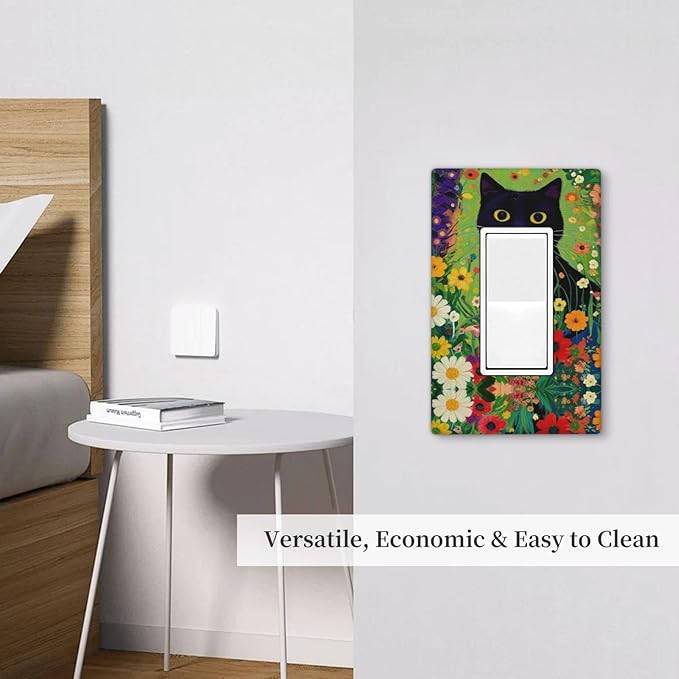 Decorative Art Light Switch Covers Cute Cat & Floral 1 Gang Rocker Outlet Wall Plate Switchplate Electrical Faceplate for Kid Home Decor