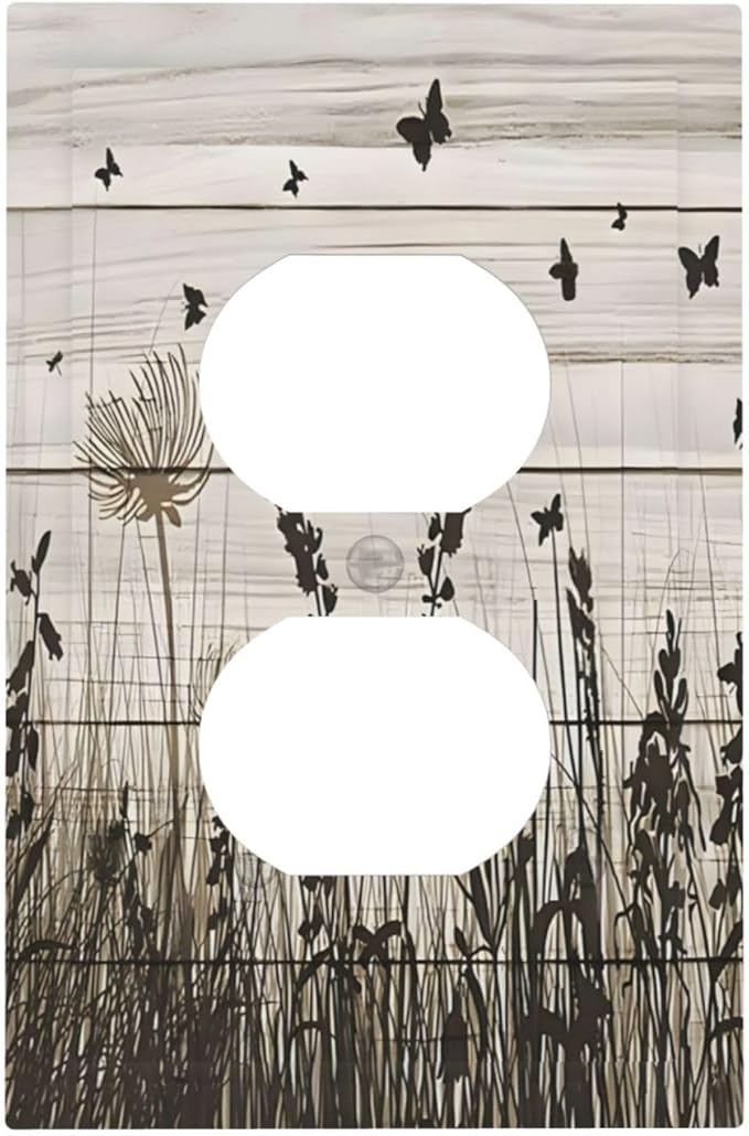 Wildflower Butterfly Grass Dandelion Vintage Wooden Print Outlet Covers 1 Gang Duplex Light Switch Cover Decorative Switch Plates Electrical Receptacle Faceplate Wall Plate for Farmhouse Home Decor