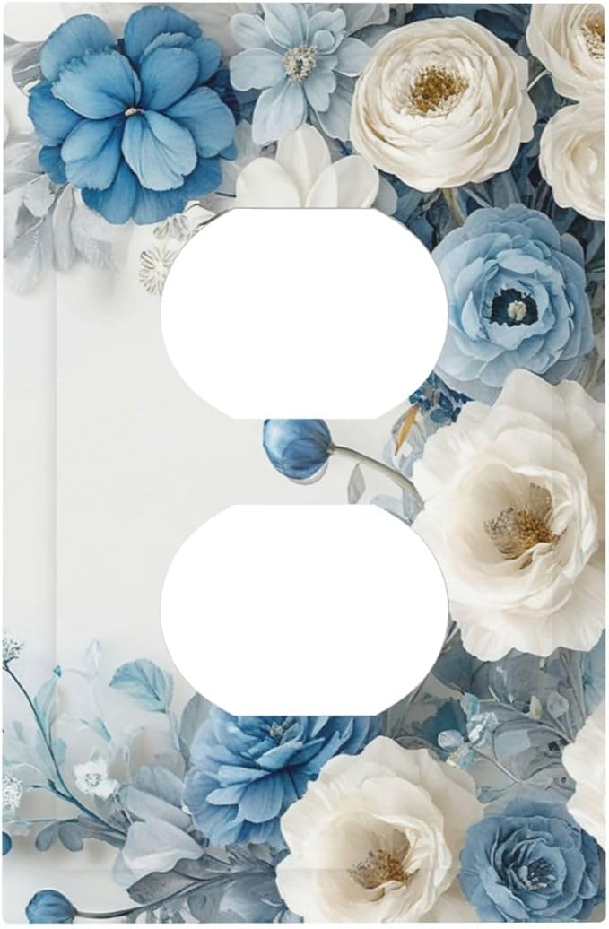 Decorative Outlet Covers Blue Rose White Flowers Rustic Floral 1 Gang Duplex Light Switch Cover Plate Wall Plates for Electrical Outlets Electrical Switchplate Face Plate