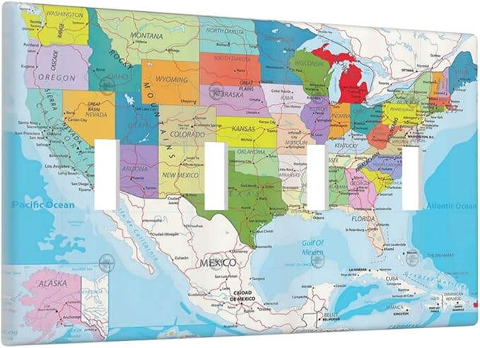Igneinf USA Map 4 Gang Light Switch Cover Decorative Quad Toggle Wall Plate Decorative Electrical Faceplate for Kitchen Home Barn Farmhouse Decorate Large 8" x 4.5