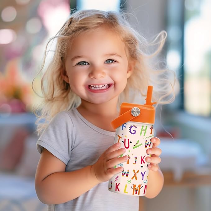 SANDJEST Kids Water Bottle with Straw Lid - 12 Oz Alphabet Insulated Stainless Steel Water Bottles for Kid Girl Boys - Travel Cup for School Sports