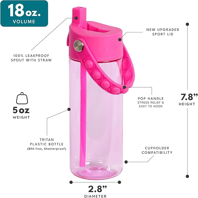 Elemental Water Bottles for Kids - Splash Kids Water Bottle for School with Pop-it Handle - BPA Free Tritan Plastic Water Bottle with Straw Leak Proof when Spout is Closed - Hot Pink - 18oz