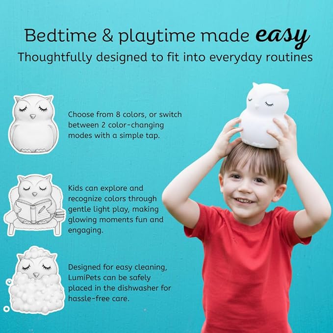 Lumipets Animal Kids Night Light, Junior Owl, Soft and Safe Silicone Rubber Lamp, Soothing Colors, Portable, Easy Control