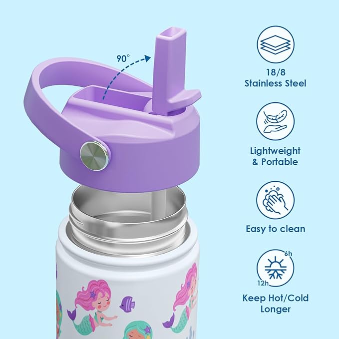 SANDJEST Kids Water Bottle with Straw Lid, Pack of 2 Insulated 12 Oz Stainless Steel Water Bottles for Girls, Travel Cup for School Sports, Unicorn - Mermaid