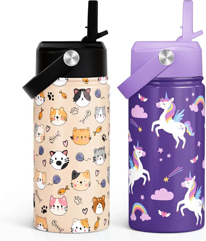 SANDJEST Kids Water Bottle with Straw Lid, Pack of 2 Insulated 12 Oz Stainless Steel Water Bottles for Girls, Travel Cup for School Sports, Cat - Unicorn