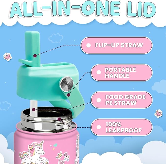 Unicorn Water Bottle - Kids Water Bottle with Straw Lid - 12 Oz Insulated Stainless Steel Water Bottles for Kid Girls - Travel Cup for School Sports
