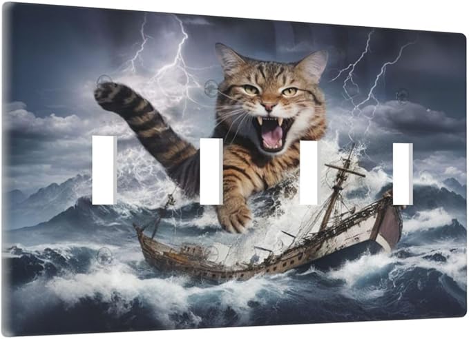 Decorative Light Switch Plate Covers Funny Cat Sea Ship Ocean Billow Wave Novelty 4 Gang Wall Plate Switch Cover Plate Quad Toggle Jumbo Electrical Faceplate for Kitchen Decor