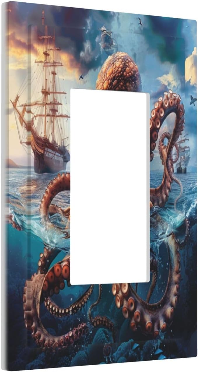 Light Switch Cover Plate Deep Ocean Octopus Sailboat Sea Monster 1 Gang Outlet Covers Single Rocker Decorative Switch plates Electrical Wall Plates GFCI Receptacle for Bathroom Bedroom Decor