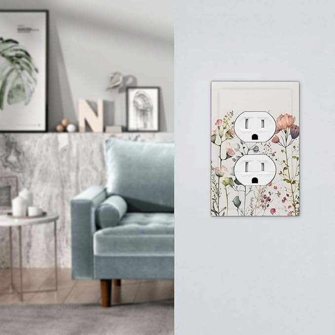 Tan/Beige/Blue Boho Wild Flower Blossom 1 Gang Duplex Outlet Covers Watercolor Colorful Floral Wildflower Decorative Single Device One Gang Electric Receptacle Face Switch Wall Plate Bedroom Decorate