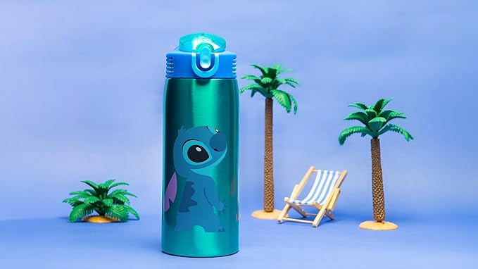Zak Designs Disney Lilo and Stitch Water Bottle for Travel and At Home, 19 oz Vacuum Insulated Stainless Steel with Locking Spout Cover, Built-In Carrying Loop, Leak-Proof Design (Stitch)