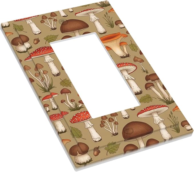 Whimsical Mycology Single Rocker Switch Cover - 1-Gang Standard US Size Vintage Mushroom Light Switch Covers, Woodland Medley for Farmhouse Home Decor