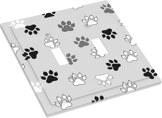 Monochrome Paw Print Double Toggle Switch Cover - 2-Gang Standard US Size Minimalist Dog Lover's Pet Paws Light Switch Covers, Neutral Tone for Pet Owners Decor