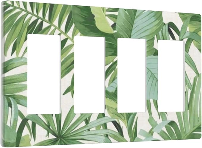 Green Tropical Palm Tree Leaf 4 Gang Quad Rocker/GFCI/Decorator Light Switch Cover Plate Decorative Electric Faceplate Decorative Switchplate Screwless