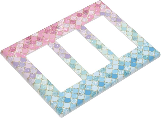 Colorful Mermaid Scales 3 Gang Rocker Light Switch Plate Cute Blue Triple Decora Outlet Wall Cover Faceplate Decorative Switchplate for Bathroom Girls Bedroom Kids Baby Nursery Living Room Decorate