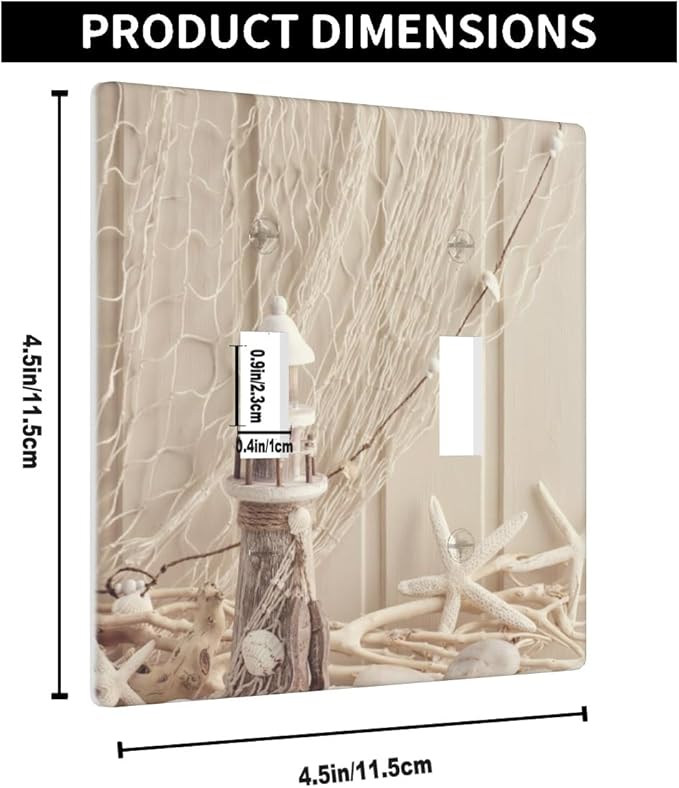 Rustic Nautical Double Toggle Light Switch Cover Coastal Sea Shell Fishing Net Lighthouse Starfish Ocean Beach Theme Wall Plate Covers 2-Gang Toggle Switch Plates Home Office