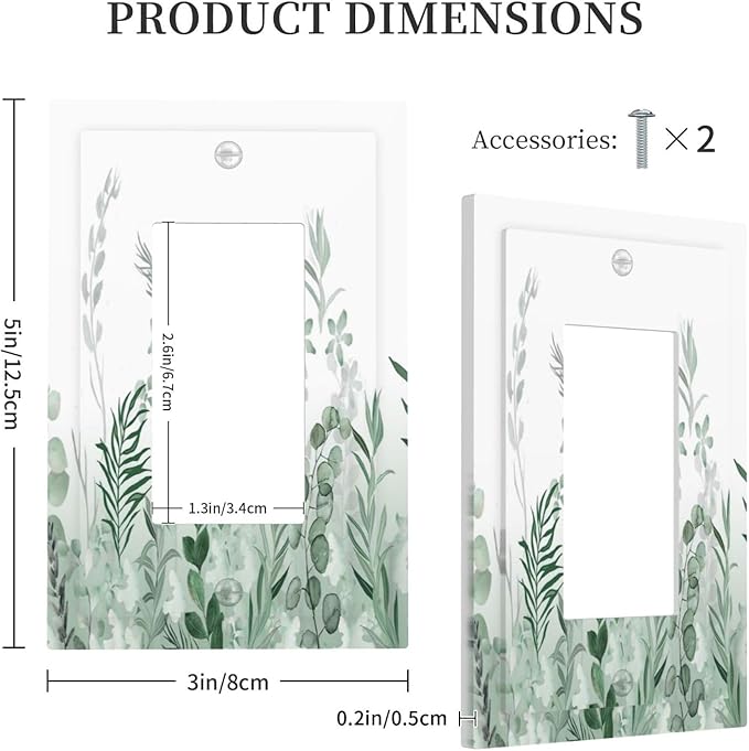 Watercolor Green Leaf Rustic Plant Eucalyptus Flowers Decorative Outlet Covers 1 Gang Single Rocker Light Switch Cover Plate Wall Plates GFCI Faceplate for Bed Room Living Room Decor