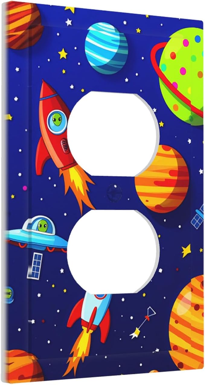 Planets, Rockets & Aliens Duplex Wall Plate - 1-Gang Standard US Size Astronaut Cosmic Adventure Outlet Covers for Boy's Bedroom Decor