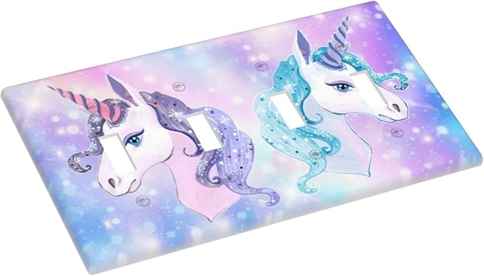 Girl Purple Pink Rainbow Blue Unicorn Decorative 4 Gang Quad Toggle Light Switch Cover Electric Large Size Quadruple Faceplate Decorative Switch Face Wallplate