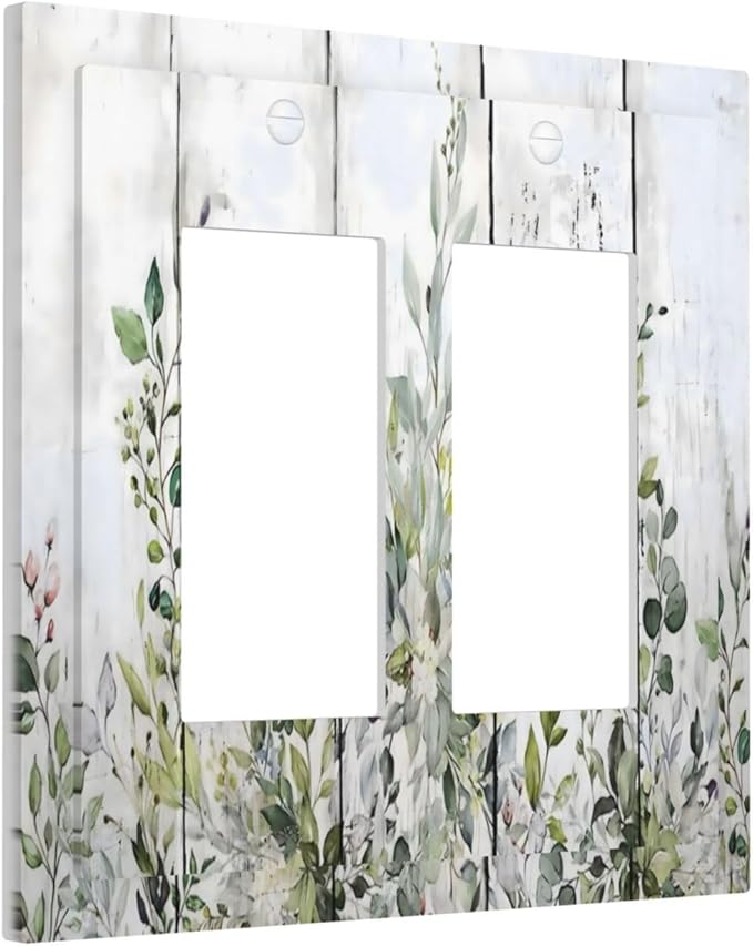 Sage Green Eucalyptus Rustic Country Botanical Leaf Flower Decorative Outlet Covers 2 Gang Double GFCI Rocker Electrical Wall Panels Light Switch Cover Plate for Farmhouse Bedroom Decor