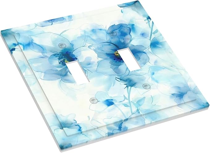 Watercolor Flower Blue White Large Floral Leaf Plants Decorative Switch Plates 2 Gang Double Toggle Outlet Light Switch Cover Wall Plate Electrical Faceplate for Bedroom Living Room Decor