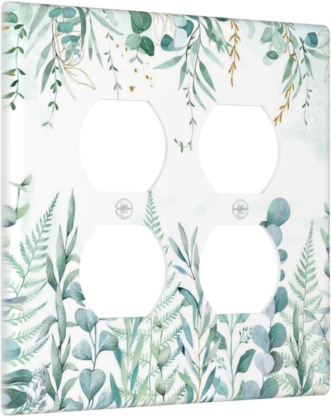 Boho Green Eucalyptus Leaf Floral Sage Flower Outlet Covers 2 Gang Double Duplex Decorative Light Switch Covers Electrical Wallplates Socket Faceplate for Bedroom Living Room Decor