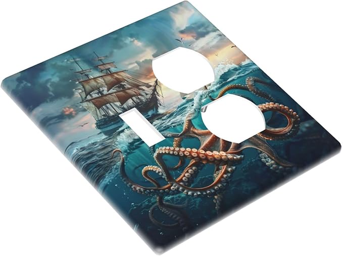 Light Switch Cover Plate Sailboat Ship Octopus Ocean Sea Waves 2 Gang Decorative Switch Plates 1 Toggle Duplex Combo Outlet Covers GFCI Wall Plates for Bathroom Bedroom Decor