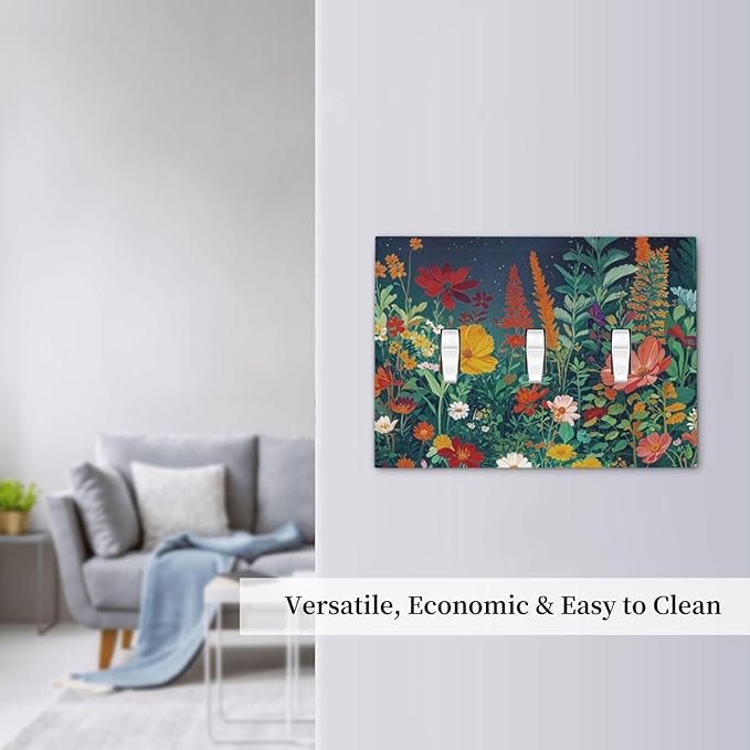 Decorative Switch Plate Cover with Wildflowers & Stars Botanical Floral Art Design 3 Gang Artistic Wall Plate Unique Triple Toggle Light Switch Covers for Garden Theme Wall Decor