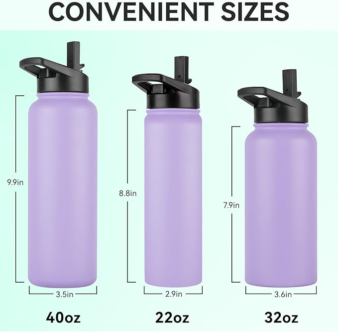 DOMICARE 40 oz Insulated Water Bottle Bulk, Vacuum Insulated Stainless Steel Sports Water Bottle with Straw Lid & Spout Lid, Leakproof, Reusable - Travel, Camping, Bike, Purple (4 Pack)
