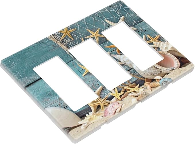 Nautical Beach Starfish Teal Wood 3 Gang Triple Rocker/Decora Light Switch Wall Plate Cover Decorative Electrical Faceplate Switchplate for Bathroom Living Room Decor
