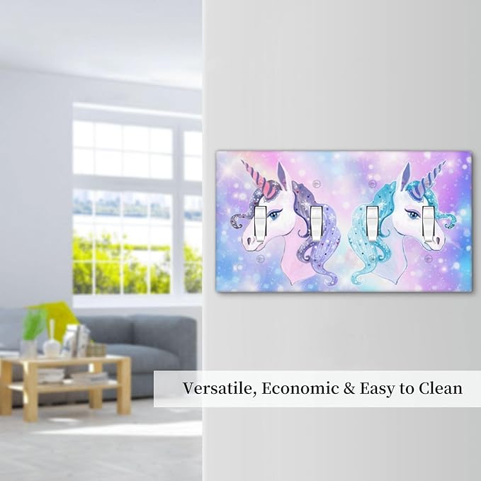Girl Purple Pink Rainbow Blue Unicorn Decorative 4 Gang Quad Toggle Light Switch Cover Electric Large Size Quadruple Faceplate Decorative Switch Face Wallplate