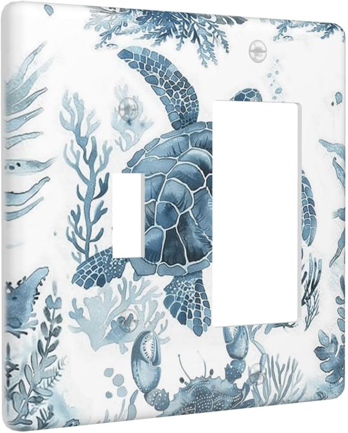 Blue Sea Turtle Coastal Coral Beach Crab Seaweed Outlet Covers 1 Toggle 1 Rocker Combination Decorative Wall Plate Electrical Switch Plates Light Switch Cover Plate for Kids Room Bathroom Decor