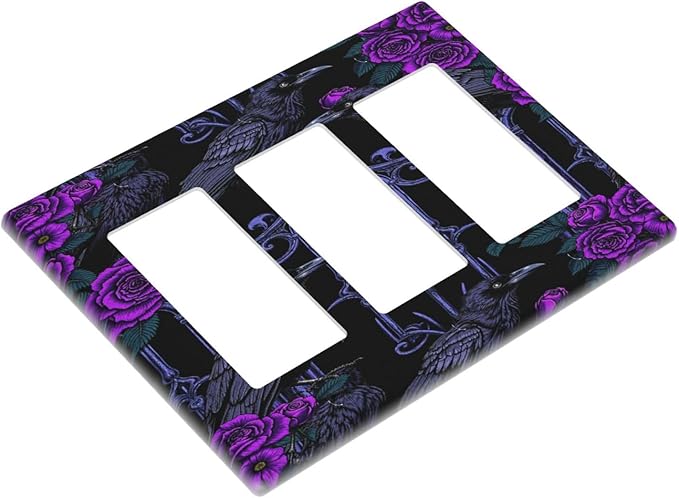 Light Switch Covers Gothic Style Crow Purple Flowers 3 Gang Rocker Electrical GFCI Decorative Triple Outlet Wall Plate Cover Switchplate for Bedroom living Room Decor